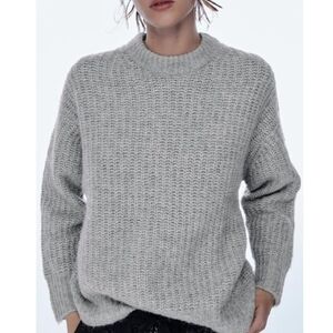 Zara Alpaca Wool Blend Chunky Knit Mockneck Sweater Light Gray Size S